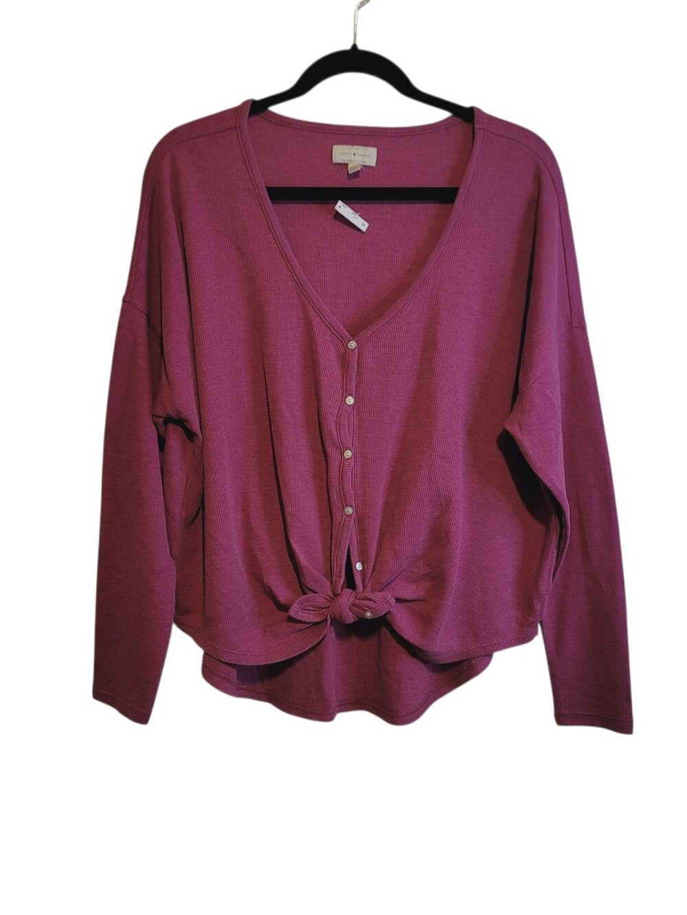 NEW Lucky Brand Boho Style Pink Button-Front Tie Hem V-Neck Long Sleeve Shirt